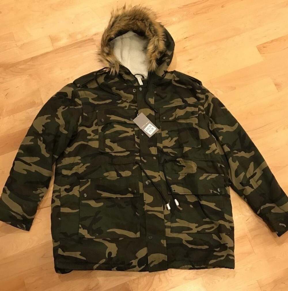 ZARA MAN KHAKI CAMOUFLAGE LONG FAUX SHEARLING PARKA COAT W/ Hood Size MNWT